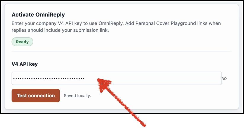 OmniReply settings with the V4 API key field and Test connection button