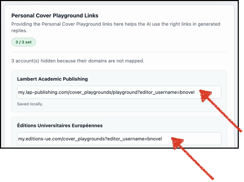OmniReply Personal Cover Playground Links settings with a field per imprint account