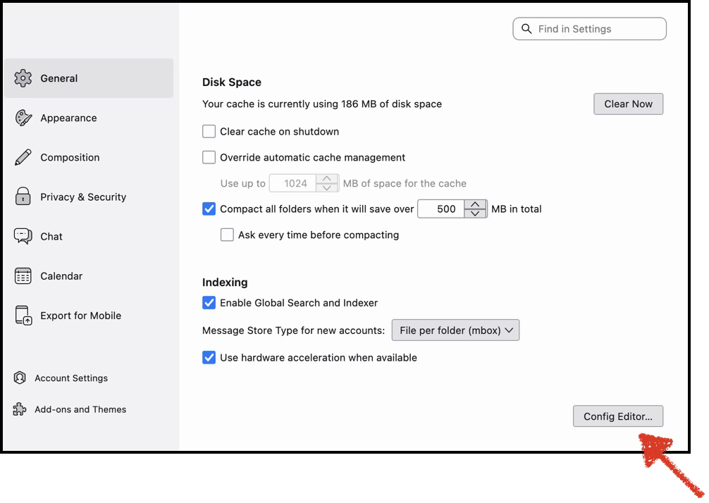 General settings page showing the Config Editor button