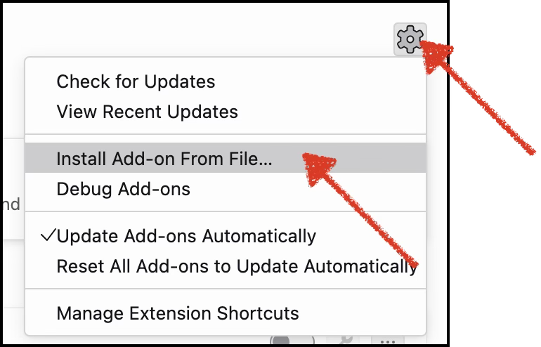 Add-ons gear menu with Install Add-on From File highlighted