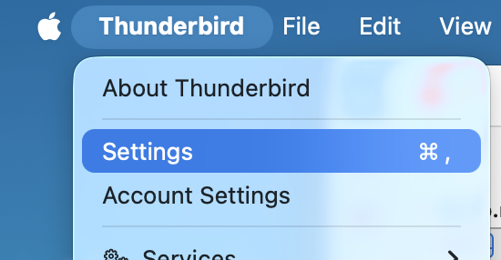 Thunderbird menu with Settings highlighted