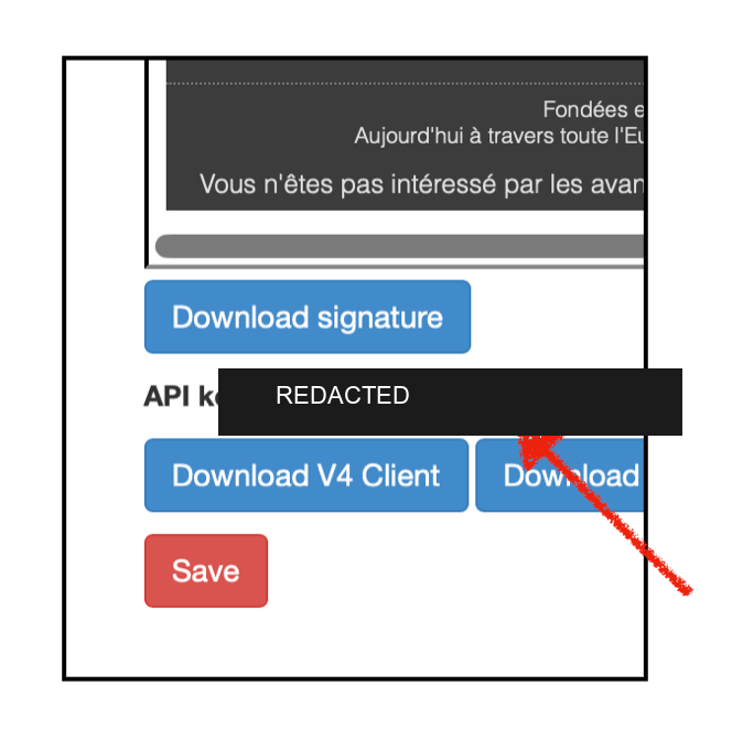 V4 account page showing the API key below the signature area