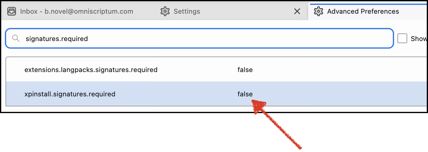 Config Editor showing xpinstall.signatures.required set to false